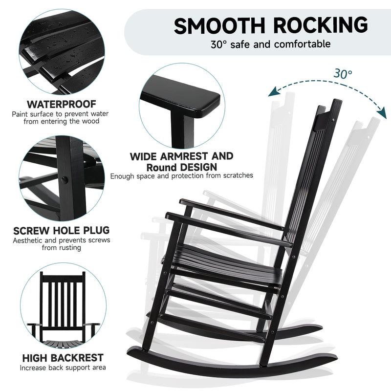 Wooden Rocking Chair Outdoor Porch Rocker with High Back for Garden, Lawn, Balcony, Backyard, Porch-1 Pack