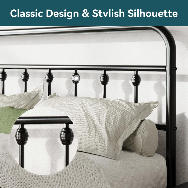 Metal Platform Bed Frame with Victorian Style Iron-Art Headboard Mattress Foundation Under Bed Storage
