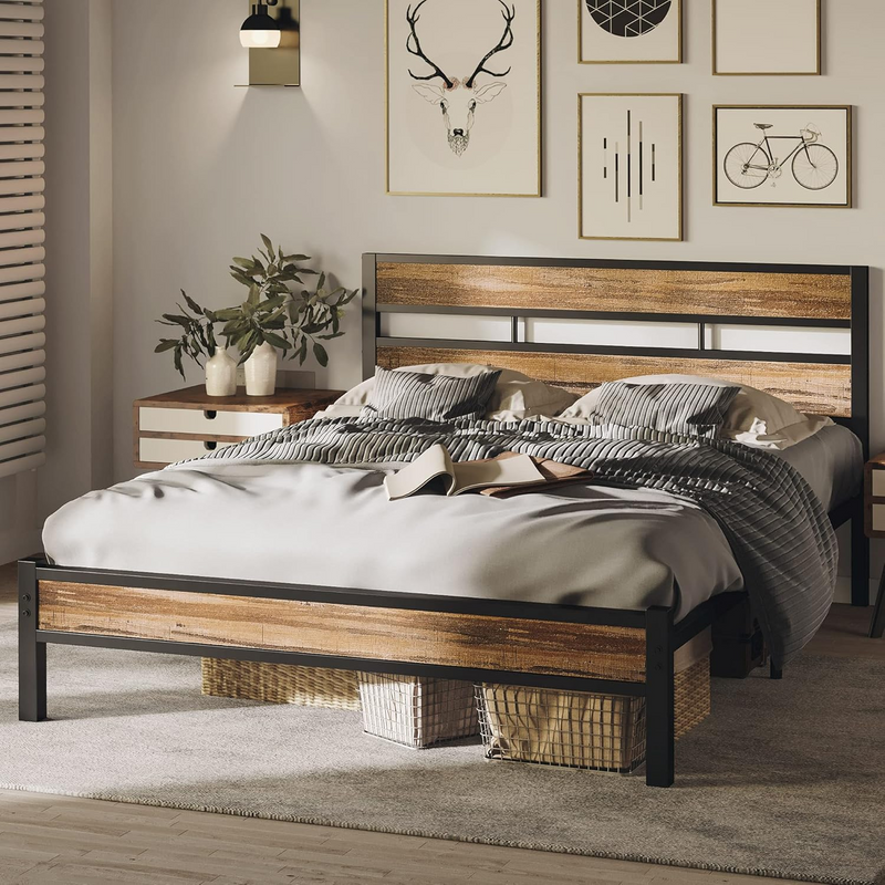 King Size Platform Bed Frame with Headboard, Queen/King Size, No Box Spring Required