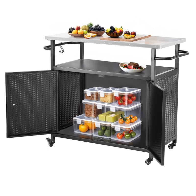 Outdoor Grill Cart with Storage Cabinet, Kitchen Island Cart with four casters and three shelves