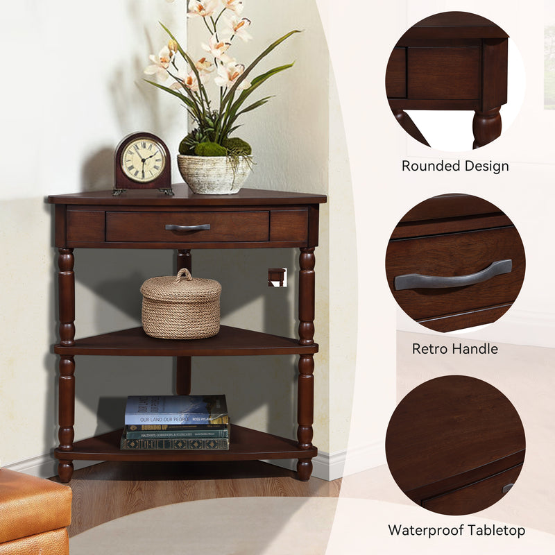 Side Table End Table Corner Table, 3-Tier Corner Accent Table with Drawer and Storage Shelves