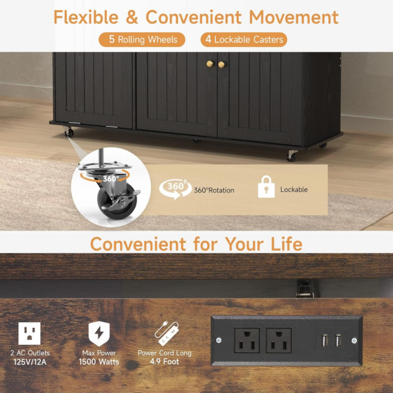 Kitchen Island Cart with Trash Can Storage, Kitchen Storage Cabinet on Wheels