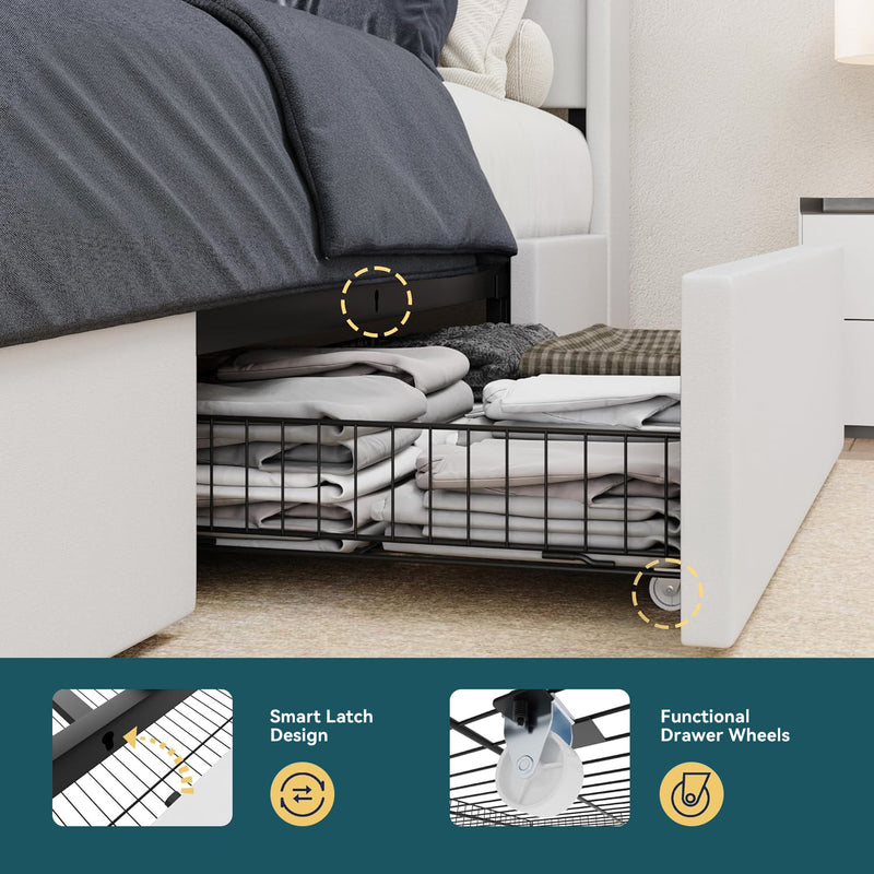 Upholstered Bed Frame with 3 Drawers Storage and and Headboard with USB Ports, No Box Spring Needed