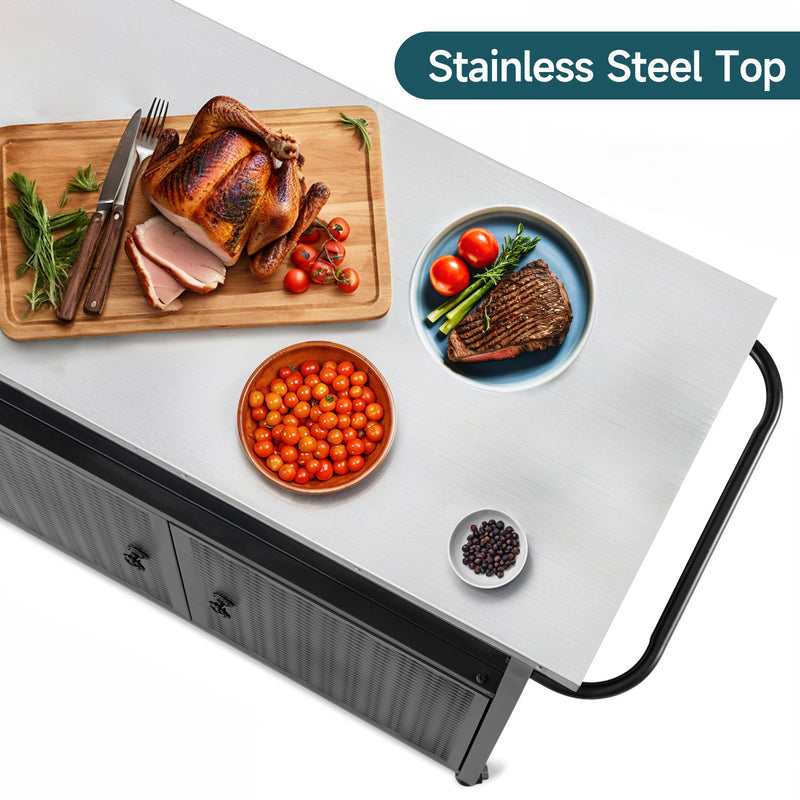 Outdoor Grill Cart with Storage Cabinet, Kitchen Island Cart with four casters and three shelves