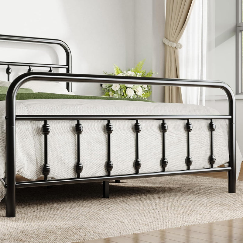 Metal Platform Bed Frame with Victorian Style Iron-Art Headboard Mattress Foundation Under Bed Storage