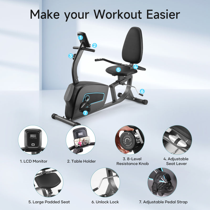 Recumbent Exercise Bike Home Stationary Bike with 8 Level Adjustable Resistance magnetic, Heart Rate Handle, Large Cushion Seat, Free from Joint Pain, Physical Therapy Bike