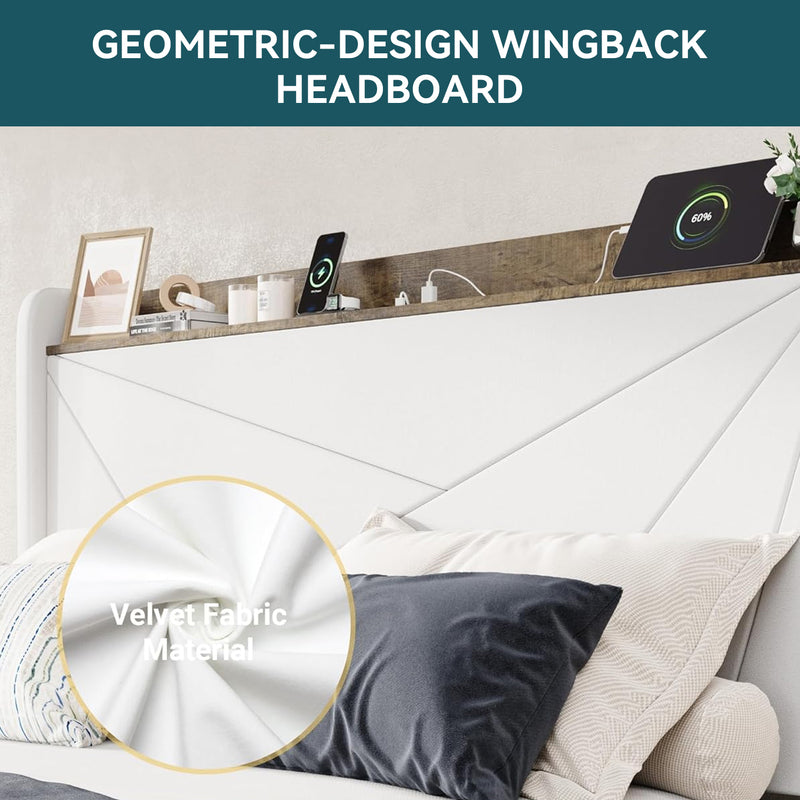 Upholstered Bed Frame with 3 Drawers Storage and and Headboard with USB Ports, No Box Spring Needed