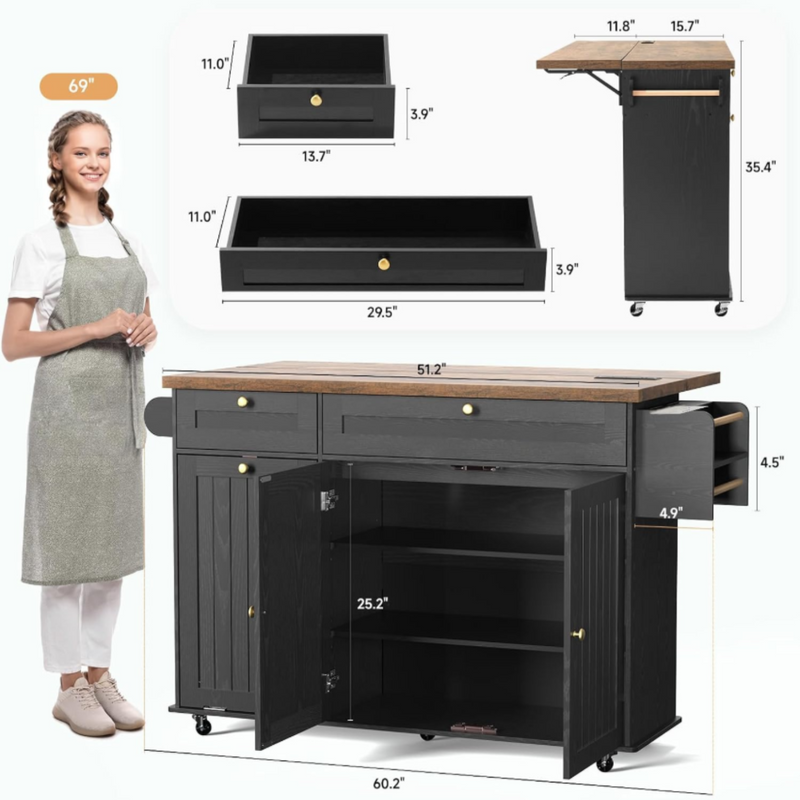 Kitchen Island Cart with Trash Can Storage, Kitchen Storage Cabinet on Wheels