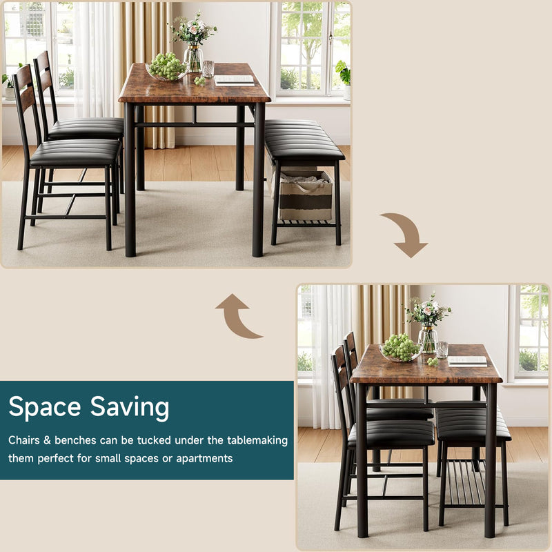 Dining Table Set, Wood Kitchen Table with Upholstered Bench and 2 Chairs,Space-Saving Kitchen Table Set Compact Dining Set