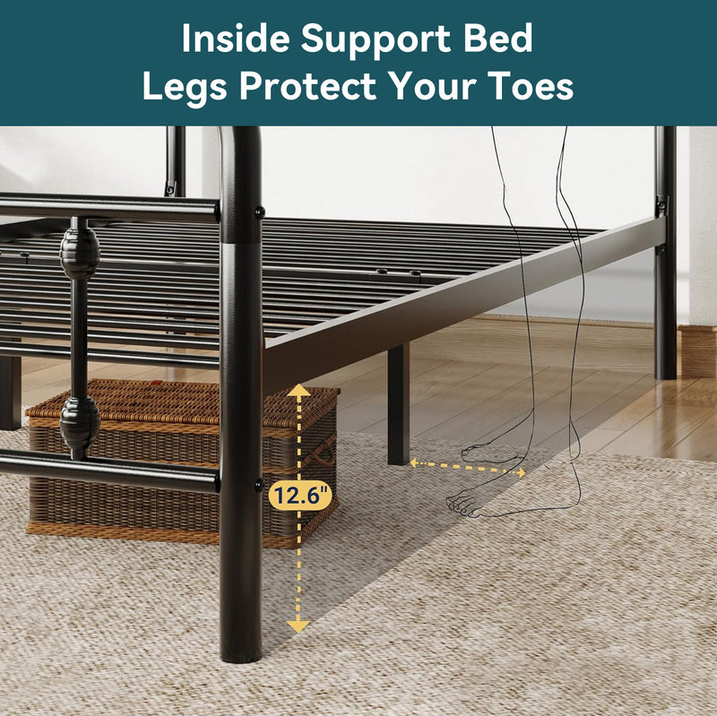 Metal Platform Bed Frame with Victorian Style Iron-Art Headboard Mattress Foundation Under Bed Storage