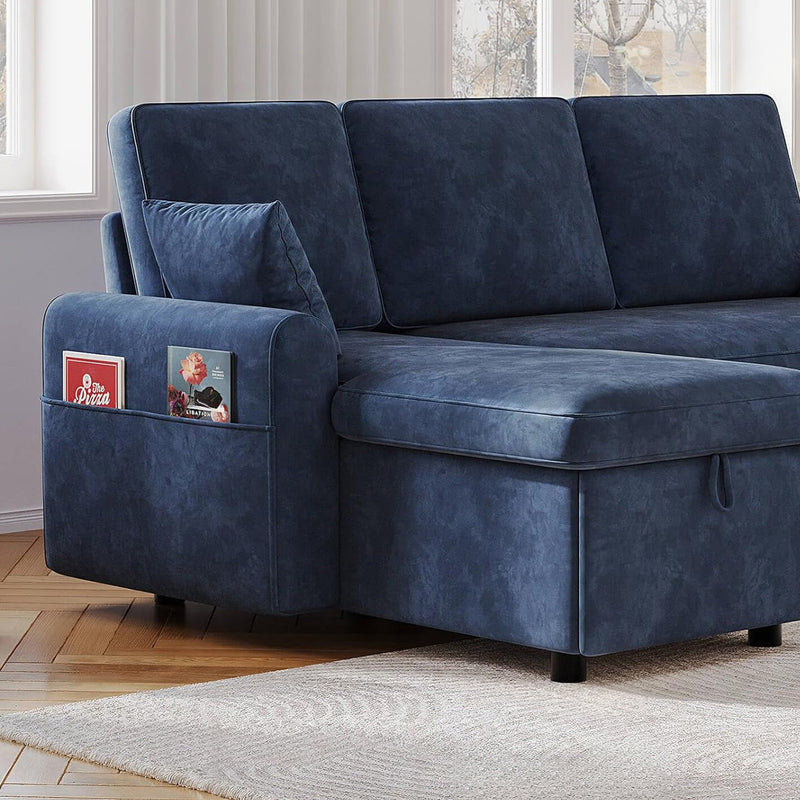 L Shaped Sleeper Sofa with Storage Chaise, Pull Out Couch Bed with 2 Pillows, Sectional Sleeper Couch for Living Room