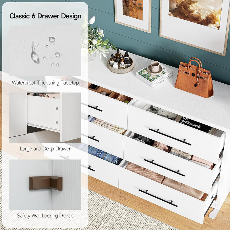 55" Dressers with 6 Drawer Dresser Chests of Drawers with Metal Handles, Black