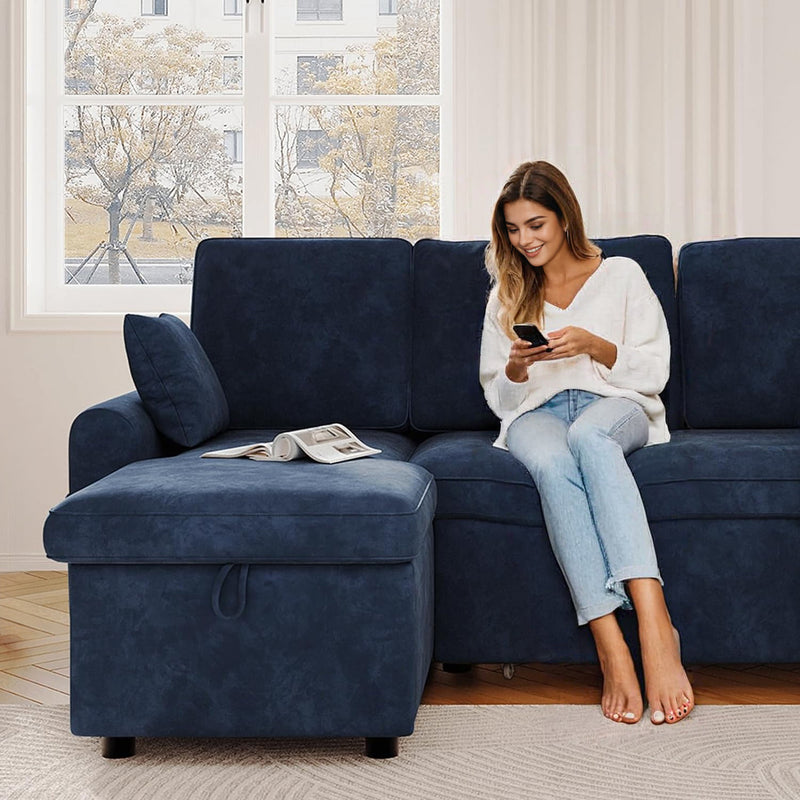 L Shaped Sleeper Sofa with Storage Chaise, Pull Out Couch Bed with 2 Pillows, Sectional Sleeper Couch for Living Room