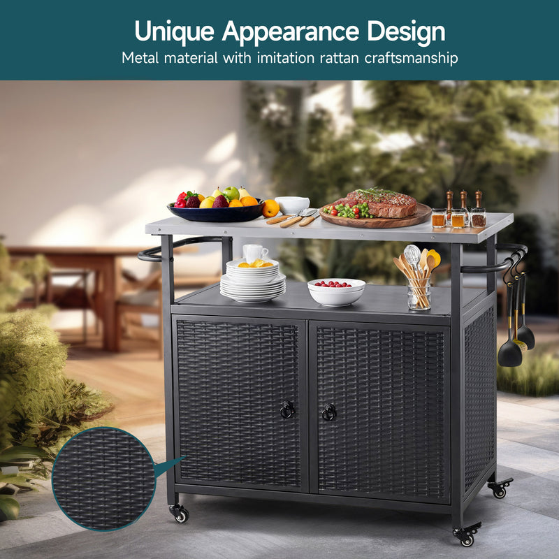 Outdoor Grill Cart with Storage Cabinet, Kitchen Island Cart with four casters and three shelves