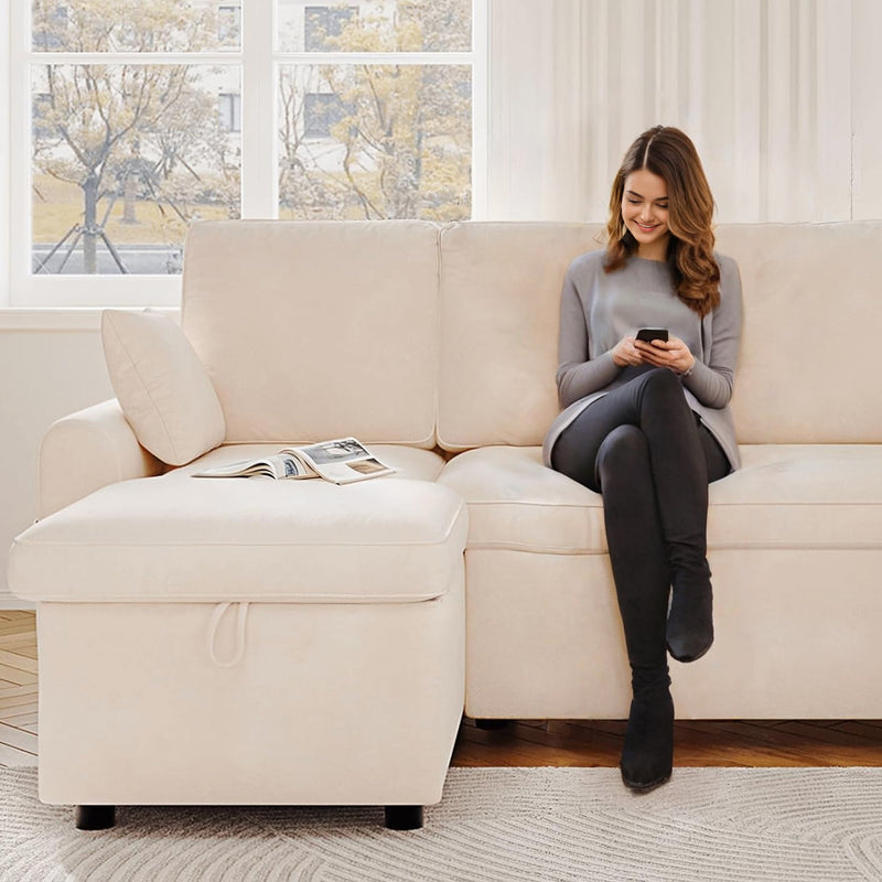 L Shaped Sleeper Sofa with Storage Chaise, Pull Out Couch Bed with 2 Pillows, Sectional Sleeper Couch for Living Room
