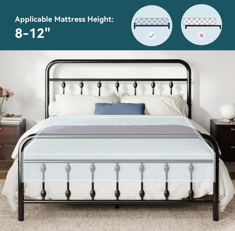 Metal Platform Bed Frame with Victorian Style Iron-Art Headboard Mattress Foundation Under Bed Storage