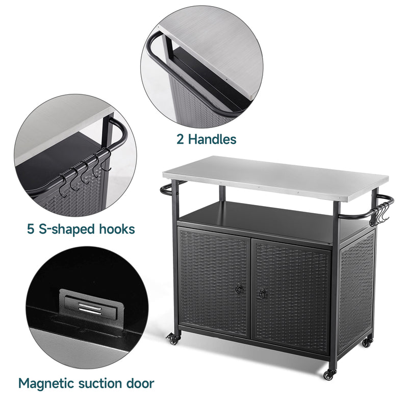 Outdoor Grill Cart with Storage Cabinet, Kitchen Island Cart with four casters and three shelves