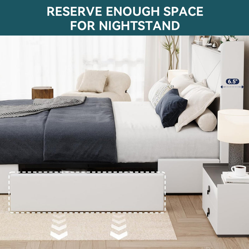 Upholstered Bed Frame with 3 Drawers Storage and and Headboard with USB Ports, No Box Spring Needed