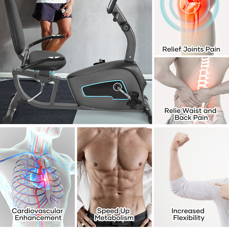Recumbent Exercise Bike Home Stationary Bike with 8 Level Adjustable Resistance magnetic, Heart Rate Handle, Large Cushion Seat, Free from Joint Pain, Physical Therapy Bike