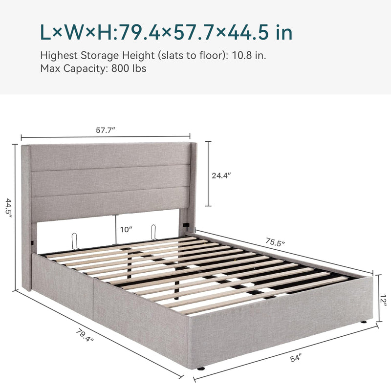 Lift Up Storage Bed Frame Hydraulic Storage with Modern Wingback Headboard, No Box Spring Required