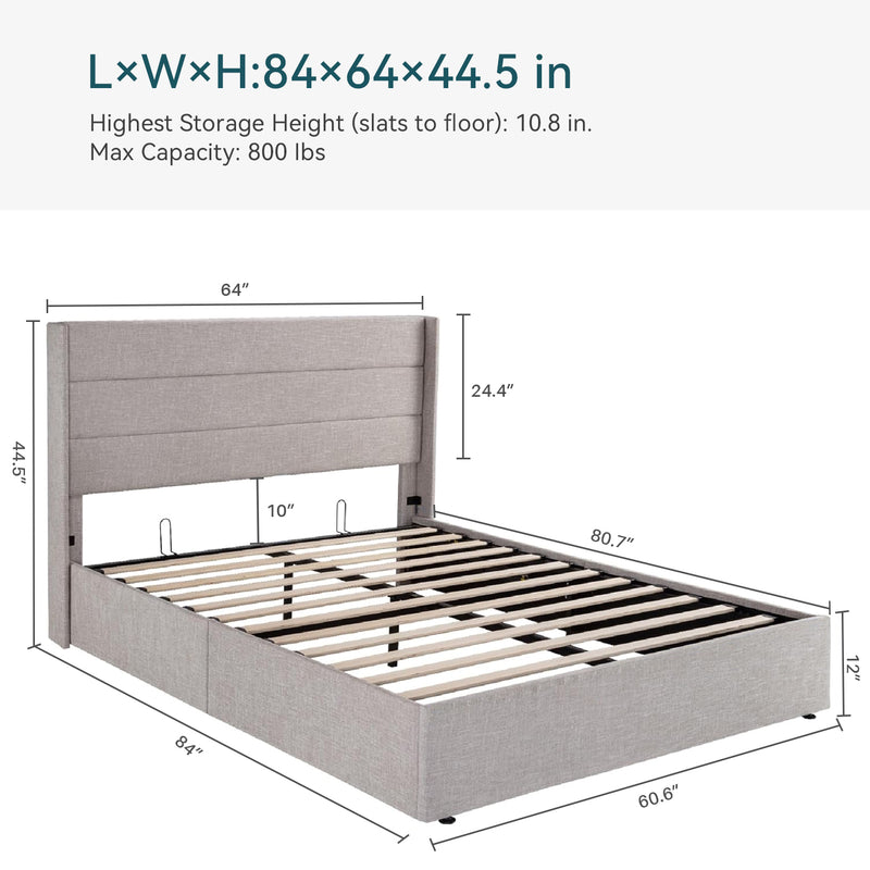 Lift Up Storage Bed Frame Hydraulic Storage with Modern Wingback Headboard, No Box Spring Required