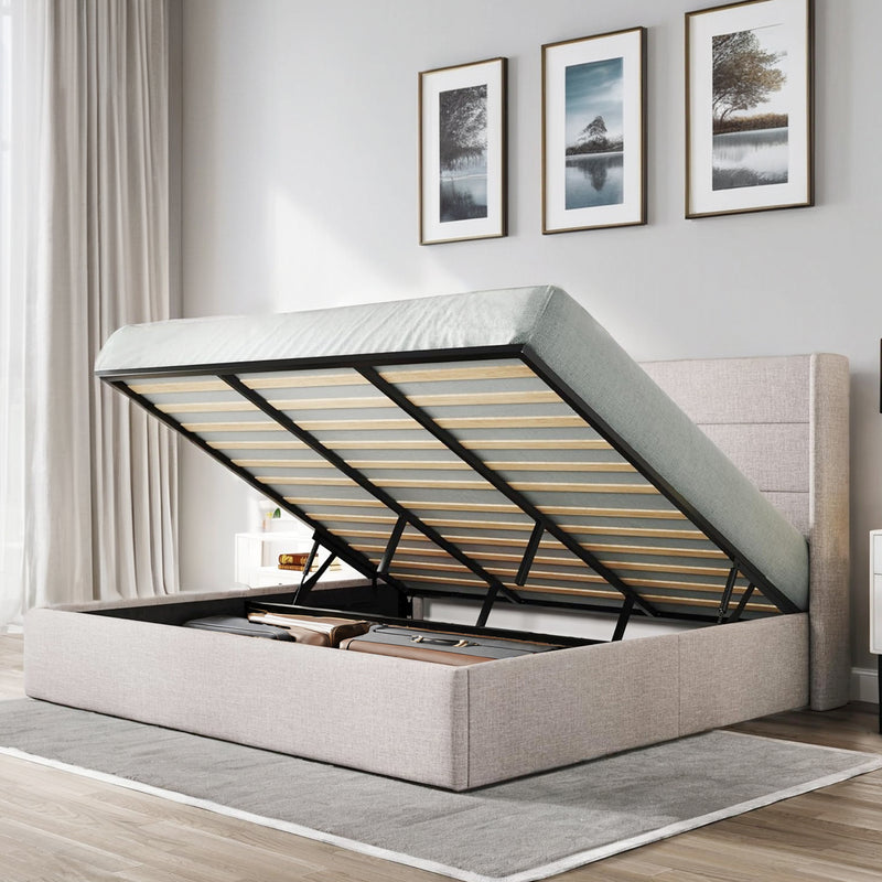 Lift Up Storage Bed Frame Hydraulic Storage with Modern Wingback Headboard, No Box Spring Required