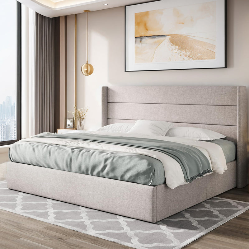 Lift Up Storage Bed Frame Hydraulic Storage with Modern Wingback Headboard, No Box Spring Required