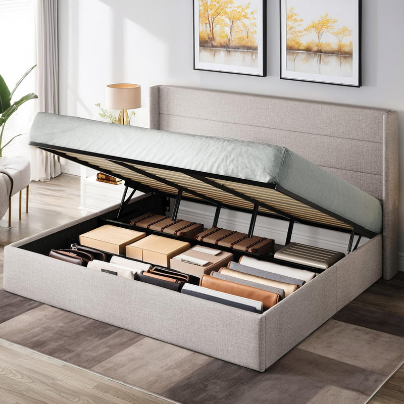 Lift Up Storage Bed Frame Hydraulic Storage with Modern Wingback Headboard, No Box Spring Required