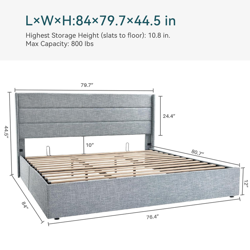 Lift Up Storage Bed Frame Hydraulic Storage with Modern Wingback Headboard, No Box Spring Required