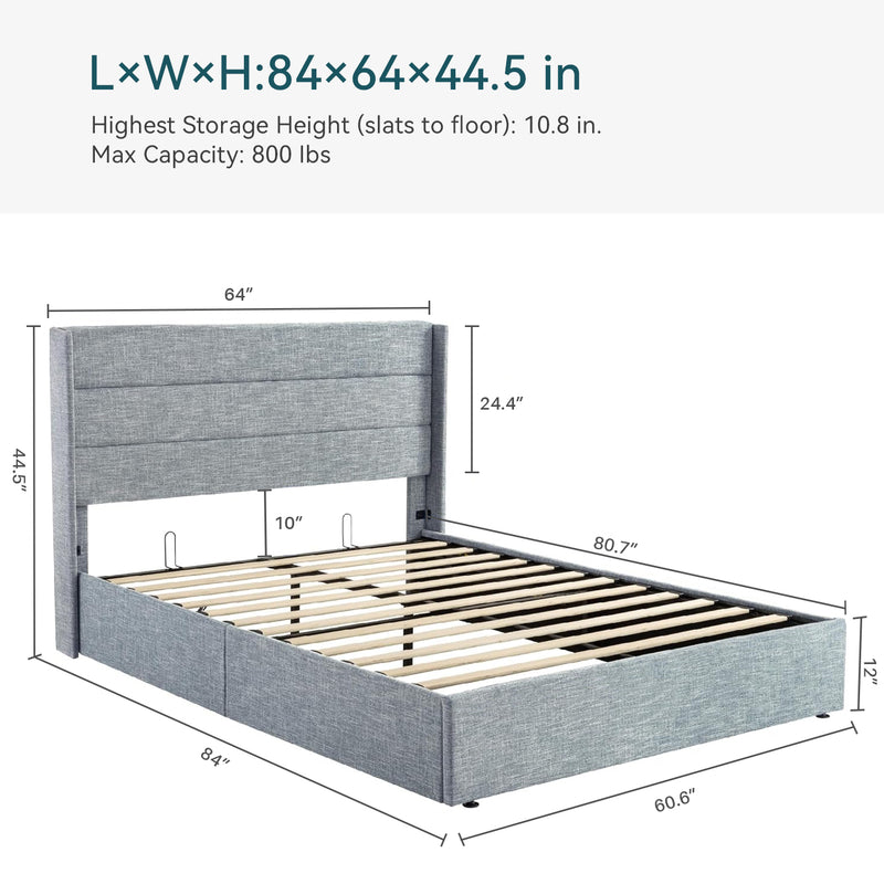 Lift Up Storage Bed Frame Hydraulic Storage with Modern Wingback Headboard, No Box Spring Required