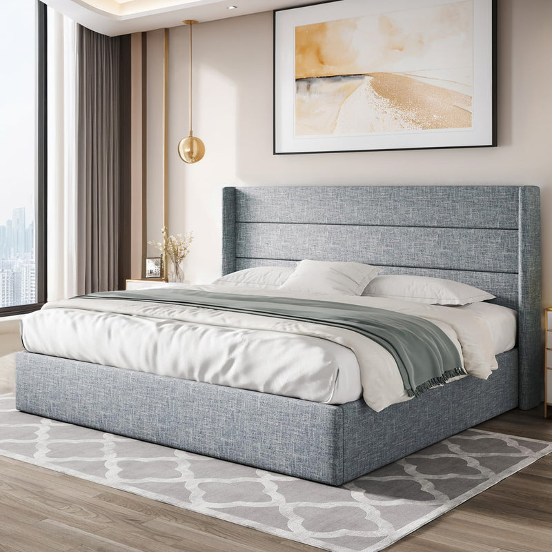 Lift Up Storage Bed Frame Hydraulic Storage with Modern Wingback Headboard, No Box Spring Required