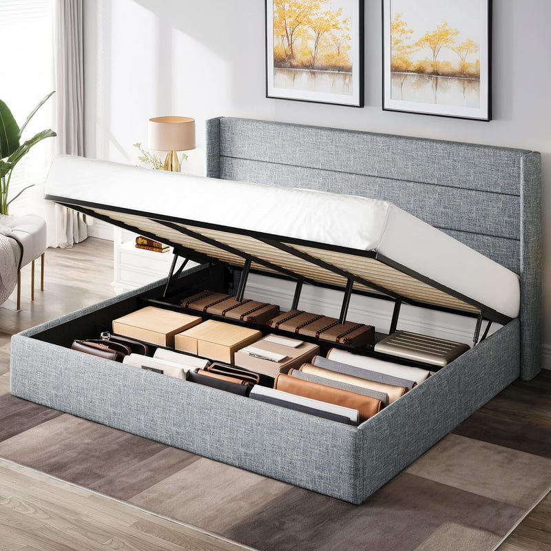 Lift Up Storage Bed Frame Hydraulic Storage with Modern Wingback Headboard, No Box Spring Required