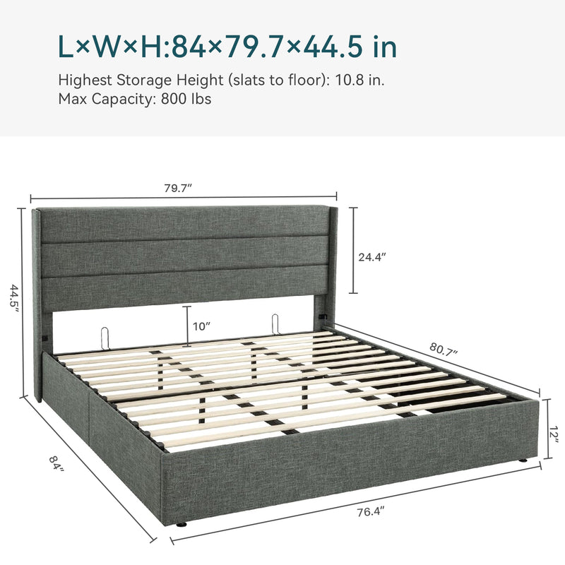 Lift Up Storage Bed Frame Hydraulic Storage with Modern Wingback Headboard, No Box Spring Required