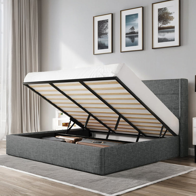 Lift Up Storage Bed Frame Hydraulic Storage with Modern Wingback Headboard, No Box Spring Required