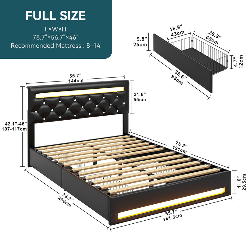 PU Leather Platform Bed Frame with LED Light, 4 Drawers, Adjustable Button Headboard