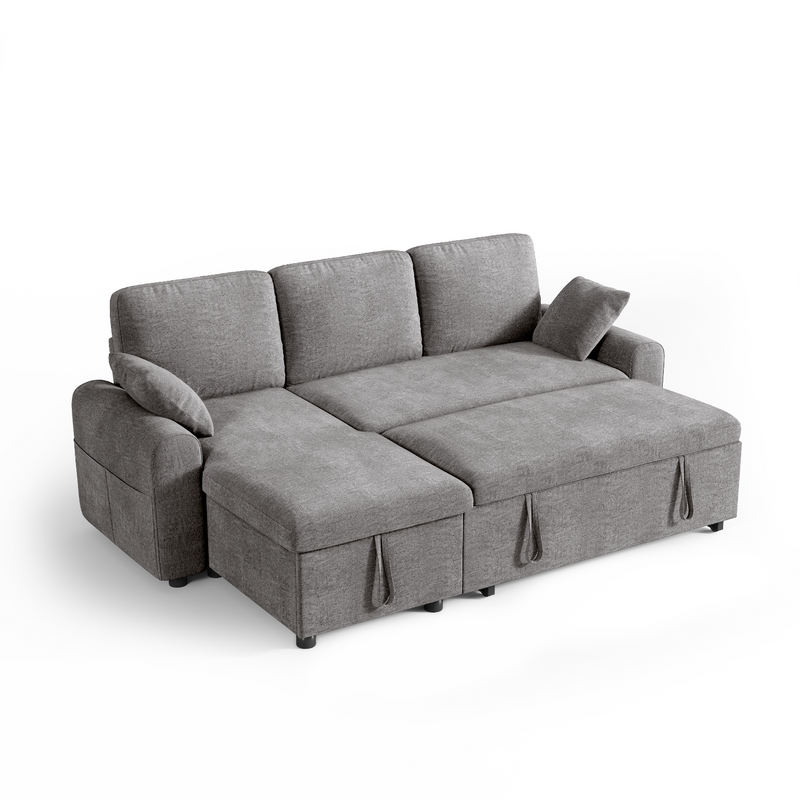 L Shaped Sleeper Sofa with Storage Chaise, Pull Out Couch Bed with 2 Pillows, Sectional Sleeper Couch for Living Room