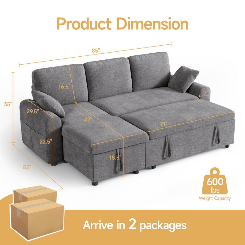 L Shaped Sleeper Sofa with Storage Chaise, Pull Out Couch Bed with 2 Pillows, Sectional Sleeper Couch for Living Room