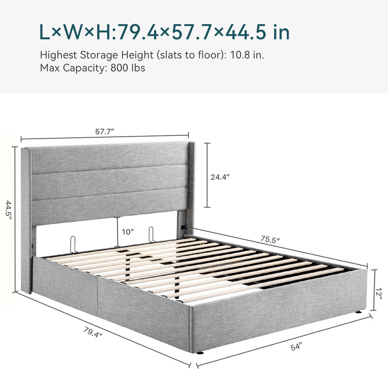 Lift Up Storage Bed Frame Hydraulic Storage with Modern Wingback Headboard, No Box Spring Required