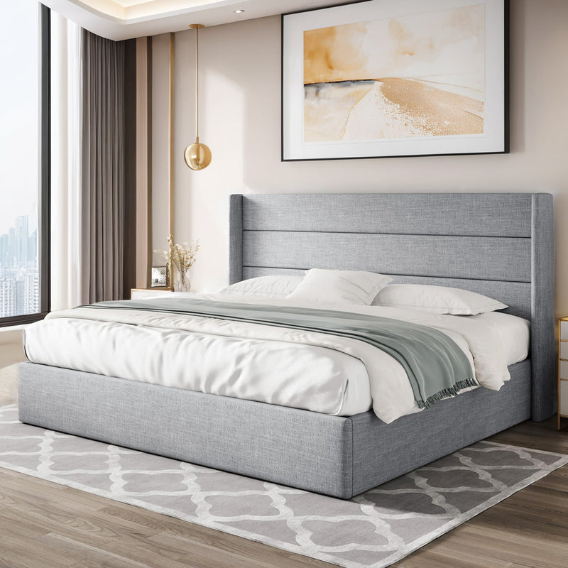 Lift Up Storage Bed Frame Hydraulic Storage with Modern Wingback Headboard, No Box Spring Required