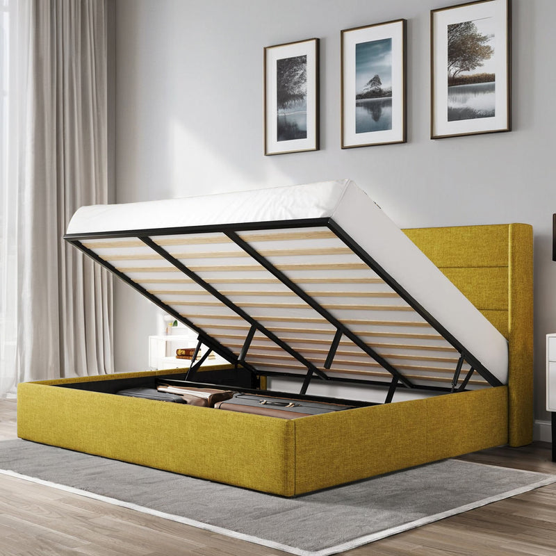 Lift Up Storage Bed Frame Hydraulic Storage with Modern Wingback Headboard, No Box Spring Required