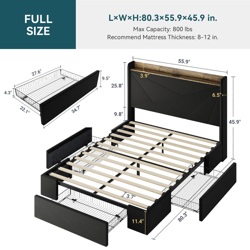 Upholstered Bed Frame with 3 Drawers Storage and and Headboard with USB Ports, No Box Spring Needed