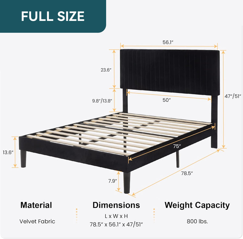 Velvet Upholstered Platform Bed Frame with Vertical Line Tufted Wingback Headboard, Strong Wooden Slats, and No Box Spring Needed