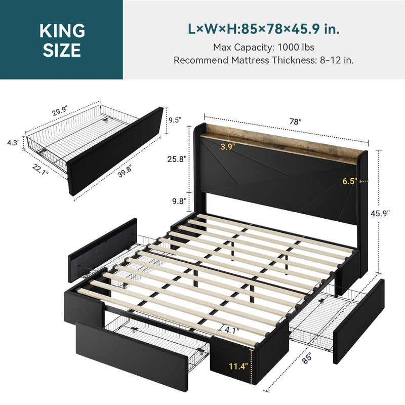 Upholstered Bed Frame with 3 Drawers Storage and and Headboard with USB Ports, No Box Spring Needed