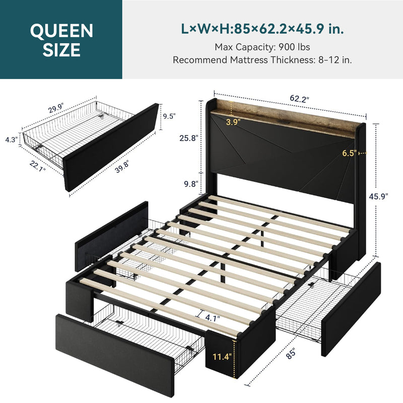 Upholstered Bed Frame with 3 Drawers Storage and and Headboard with USB Ports, No Box Spring Needed