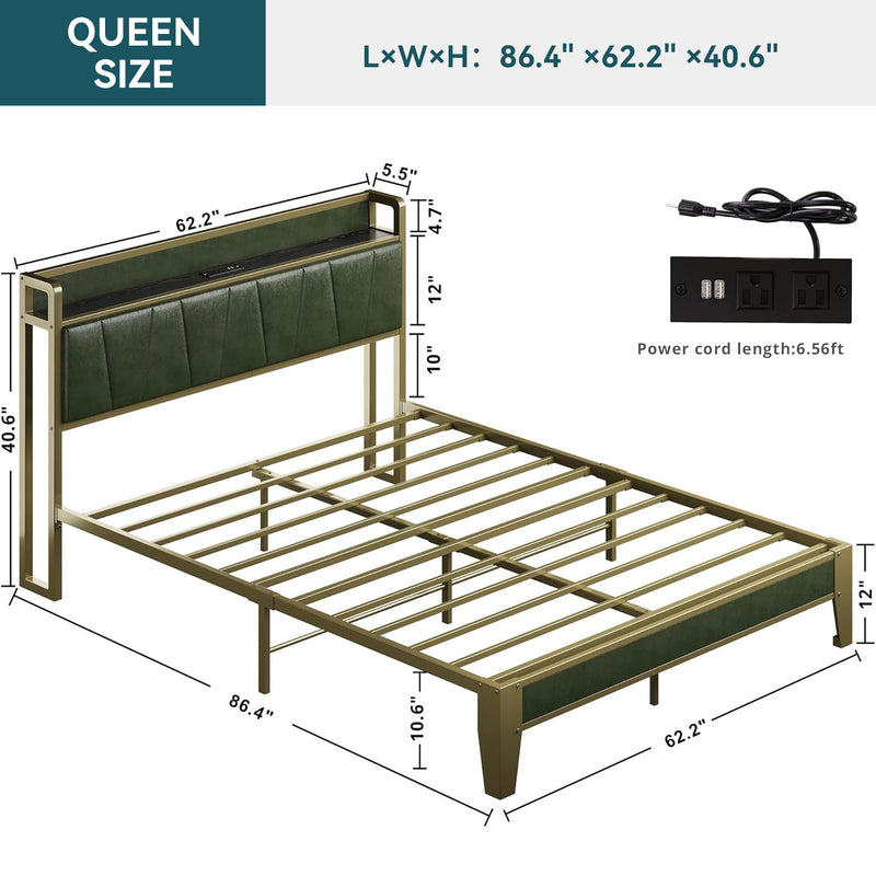 Upholstered Bed Frame Bed Frame, Storage Headboard with Charging Station, No Box Spring Needed
