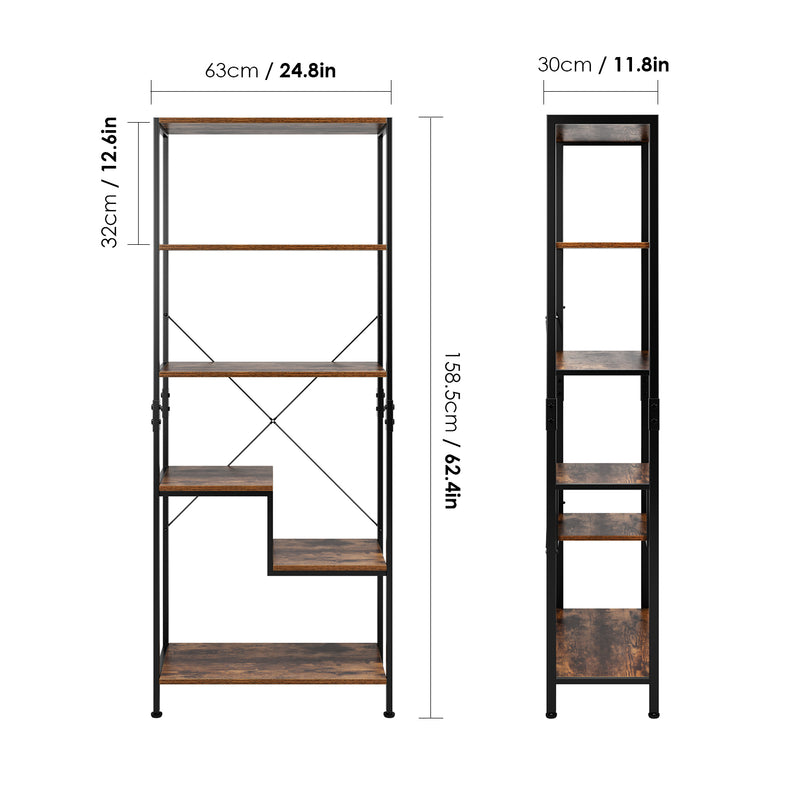 5 Tier Bookshelf Industrial Bookcase Vintage Storage Display Rack