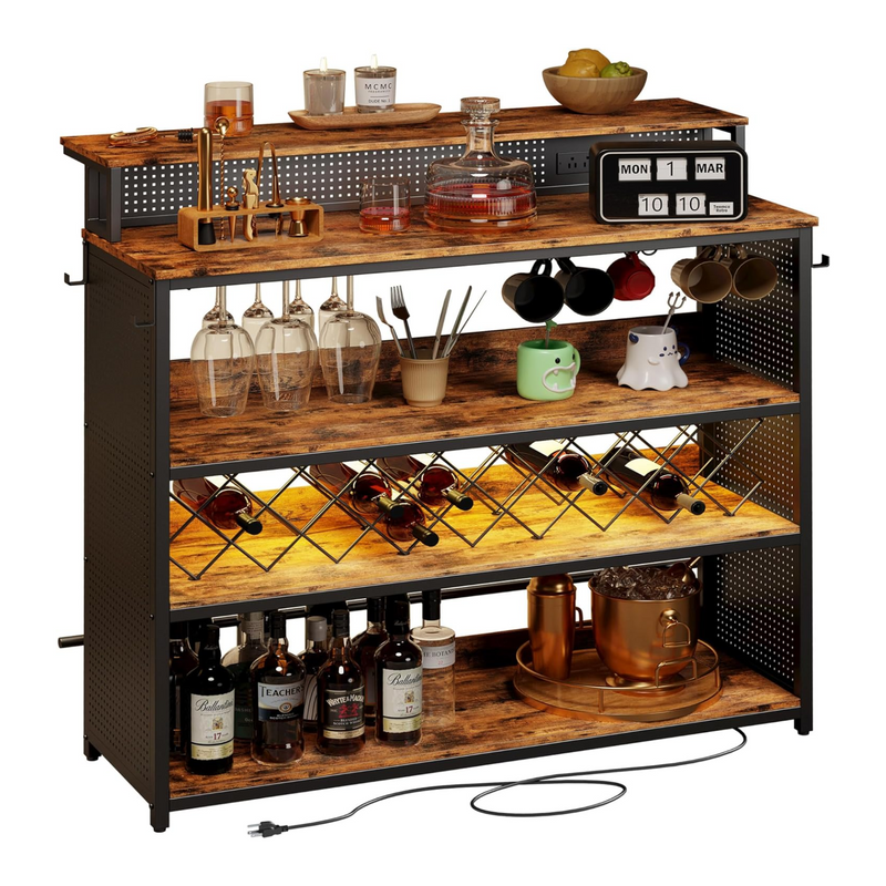 Bar Cabinet LED Home Bar Unit 4 Tiers with Charging Station, Wine Racks, Glass Holders