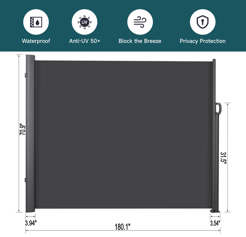 Outdoor Retractable Side Awning Patio Privacy Screen With UV-resistant, Waterproof for Garden, Balcony