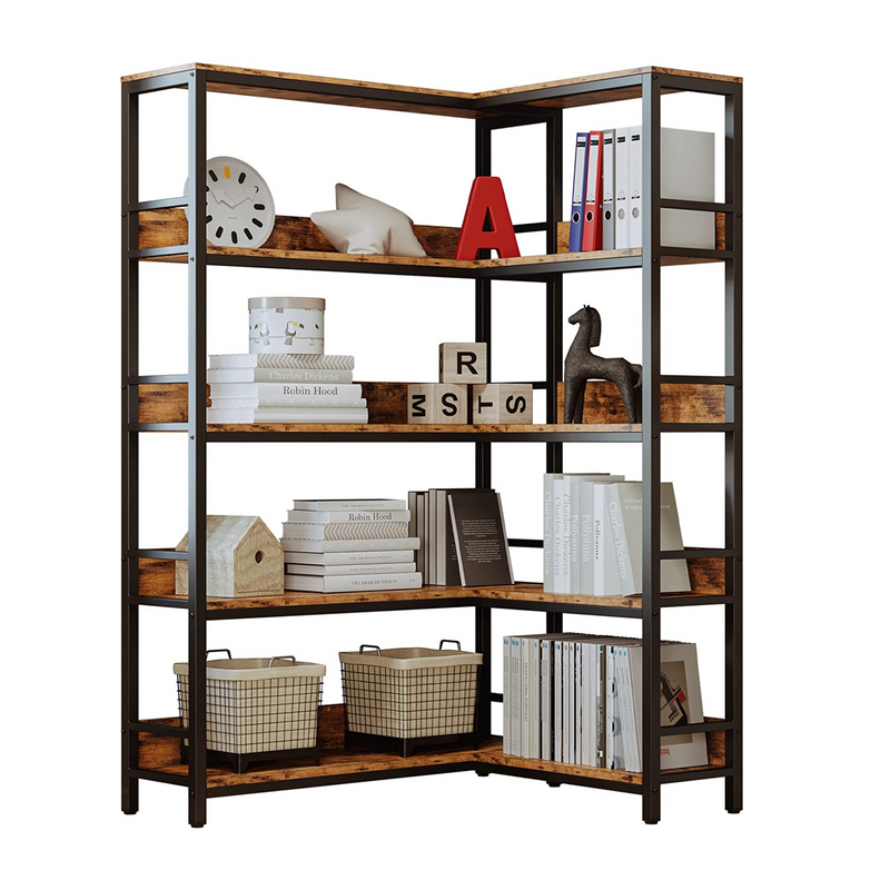 Corner Bookshelf 5 Tiers Industrial Bookcases with Baffles Etagere Shelf Storage Rack with Metal Frame