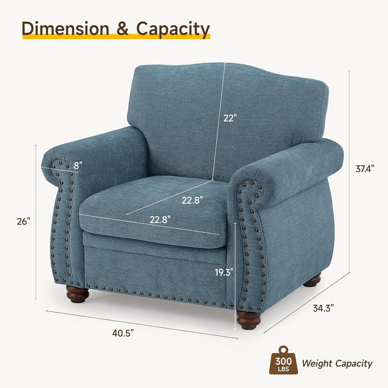 Nailhead Sofa Collection branding over a blue sofa set in a bright room.